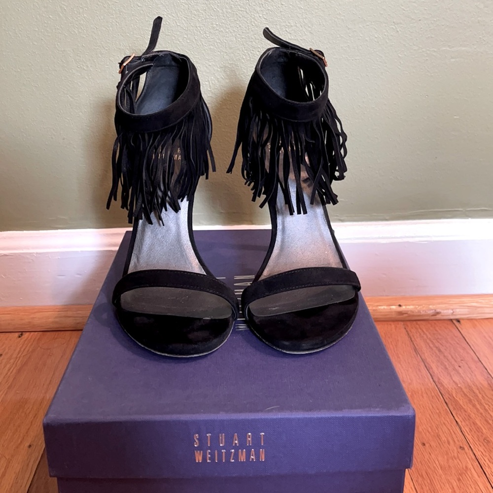 Stuart Weitzman Lovefringe Black Suede Pump.
